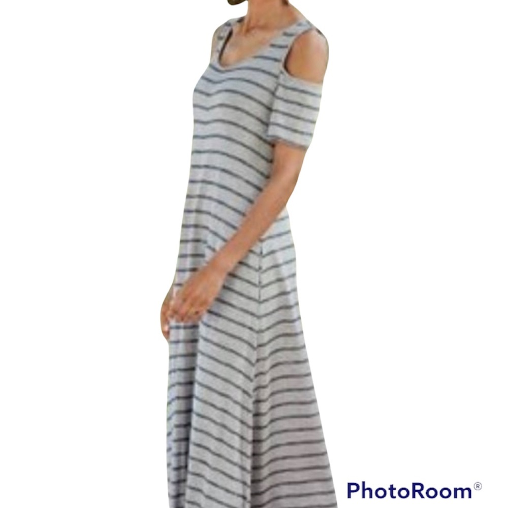 Soft Surroundings Gray Striped Cold-Shoulder Maxi Dress